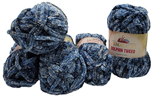 5 x 100 Gramm Himalaya Dolphin Tweed Strickwolle, 500 Gramm Baby- Wolle zweifarbig gesprenkelt (blau schwarz 92012)