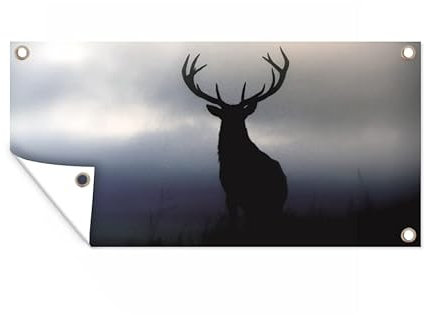 MuchoWow Outdoor-Poster Poster Wanddeko draußen Deko Garten Gartenposter 160x80 cm Hirsch - Scherenschnitt - Nebel