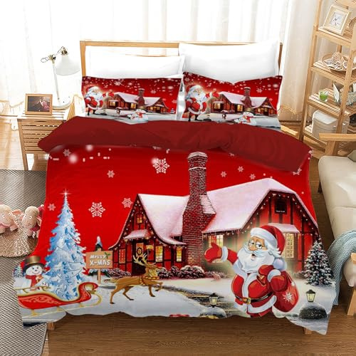 AVJWWD Weihnachts Bettwäsche Set Weihnachten Bettbezug, Weihnachtsmann,Weihnachtselch und Weihnachts-Schneeflocken-Muster,weiche Mikrofaser mit Reißverschluss (Weihnachtshäuschen, 135 x 200 cm)