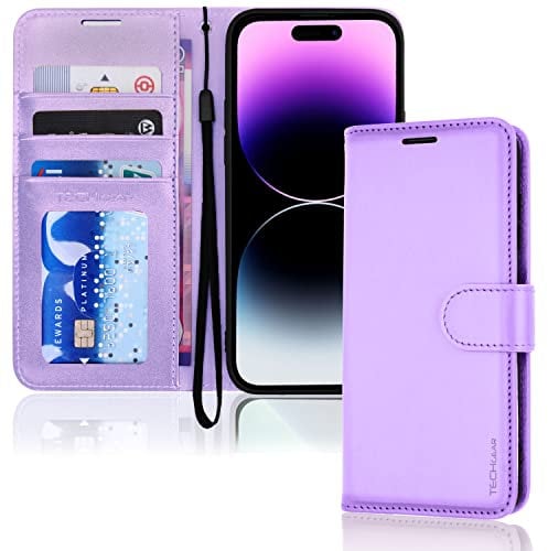 TECHGEAR iPhone 14 Pro Leather Wallet Case, Flip Protective Case Cover with Wallet Card Holder, Stand and Wrist Strap - Purple PU Leather with Magnetic Closure Designed for iPhone 14 Pro 6.1