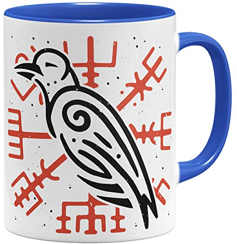 OM3® Krähe Wikinger Tasse Hugin Odin Midgard Vegvisir - Keramik Becher - 11oz 325ml - Beidseitig Bedruckt - Royalblau