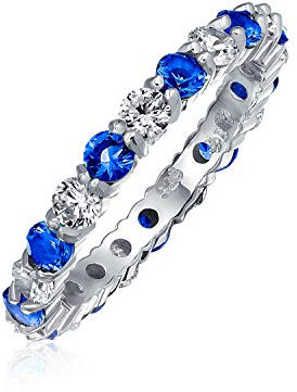Bague Éternité Empilable Cz Zircon Cubique Bleu Blanc Alterné Saphir Simulé Argent Sterling Mois De Février