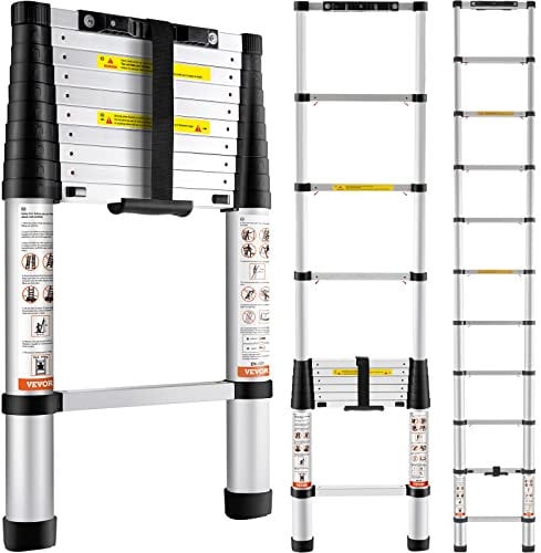 VEVOR Escalera Telescópica de Aluminio Altura de 320cm Escalera de Extensión Plegable Portátil Capacidad de 170kg con Pies Antideslizantes 1 Botón de Retracción para Reparaciones de Hogar Autocaravana