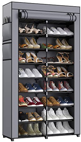 HODYANN Zapatero alto de 9 niveles, organizador de zapatos de 36 a 40 pares con cubierta de tela no tejida, zapatero negro de doble fila para armario (estante negro con cubierta gris)