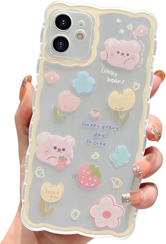 EYZUTAK Handyhülle für iPhone 11,Transparent Gewellter Handyhülle mit Niedliche Cartoon Blume Erdbeere Bär Blumenmuster Hülle Weicher Schutzhülle TPU Cover Für Frauen und Mädchen-Gelb