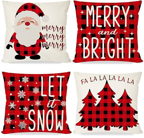 HERHOME Red and Black Buffalo Plaid Christmas Pillow Covers 18x18 Set of 4 Santa Christmas Tree Decorations Pink Christmas Pillow Decorative Throw Pillows Cases Winter Holiday Decor for Couch