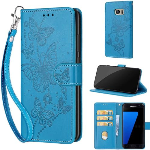Handyhülle für Samsung Galaxy S7 Hülle, Premium Stoßfesten Kunstleder Flip Wallet Case Klapphülle Handyhülle kompatibel Samsung Galaxy S7 Blau