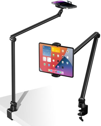 viozon Mobile Phone Holder with 2 Adjustable Clamps for 3.5-13 Inch Mobile Phones and Tablets, Height Angle Adjustable, 360 Degree Rotation, Clip on Base, Overhead Recording (Black)