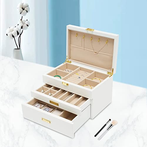 KEESUNG Schmuckkästchen aus Holz, 3 Ebenen Großer Schmuckkasten Schmuckaufbewahrung Holz Schatulle Große Kapazität Schmuckkoffer Organizer für Schmuck, Halsketten, Ringe