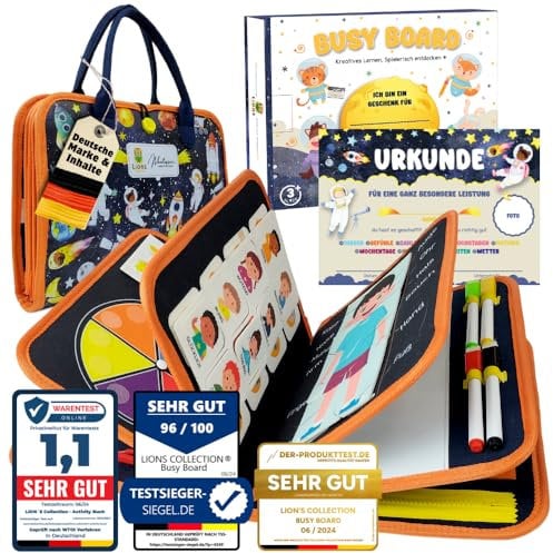 Lion’s Collection® Busy Board Deutsch - Montessori Spielzeug ab 3 Jahre zur Förderung von Motorik und Kreativität - Activity Board für Kinder - Busy Book & Quiet Book auf 10 Seiten