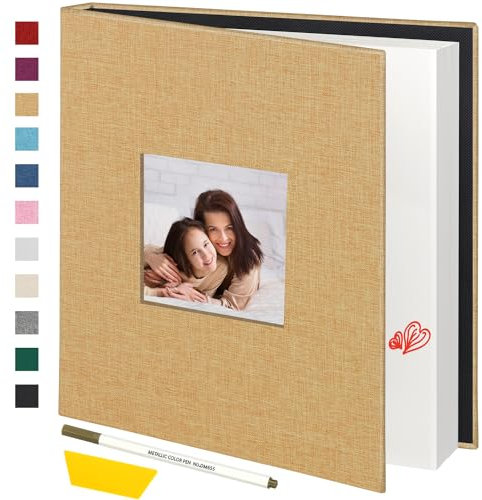 Miaikoe Album fotografico autoadesivo per foto da 10 x 15 cm, 13 x 18 cm, 20 x 25 cm, 40 pagine, copertina in lino, con finestra per esposizione, libro fai da te, con penna metallica e raschietto