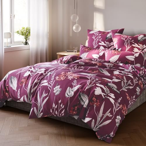 Pure Label Blumen Bettwäsche 135x200 cm mit einem Kissenbezug 40x80 cm - Traumhaft weiches Bettwäsche-Sets 135 x 200 cm in Beere aus 100% Baumwolle mit YKK Reißverschluss