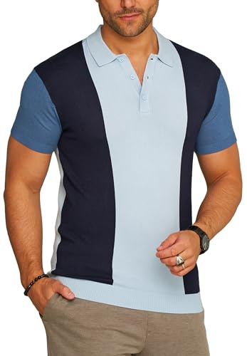Soulstar Herren Strick Poloshirt Kurzarm T-Shirt Polo-Hemd Knit Oberteil in Kontrastfarben mit Knopfleiste S2_KP-103-Navy-S