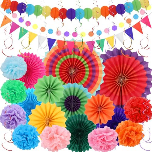 LEAZZLE 33 Stück Bunte Party Deko für Gartenparty, Geburtstagsdeko und Karneval mit hängenden Papier Lüfter, Wimpelkette, Regenbogen Pompons, Girlande für Hochzeit Geburtstag Festival und Weihnachten