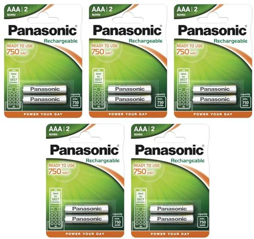 PANASONIC Lot de 5 Blisters de 2 Piles Rechargeables AAA NiMH HR03 750 mAh Ready to Use - 1,2V