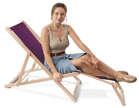 DreamRoots Liegestuhl klappbar Holz mit fußteil bis zu 130 kg belastbar, 3-Fach verstellbare Rückenlehne, waschbarer Polyesterbezug