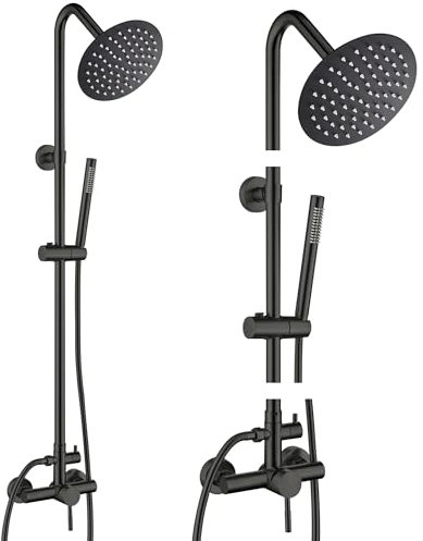 BAITUJIE Columna Ducha Negra, Monomando Columna de Ducha con Grifo Altura Regulable 85 o en 118 cm Alcachofa de Ducha con Manguera, Ducha Lluvia, Regulable en acero inoxidable Negro Mate