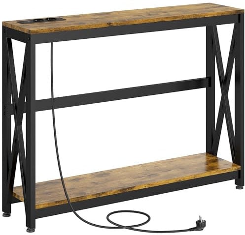 HOMCOM Mesa Consola Industrial con Estación de Carga 2 USB Mesa de Entrada de 2 Niveles Marco de Acero Mueble de Recibidor para Salón Pasillo 100x24x75 cm Marrón Rústico