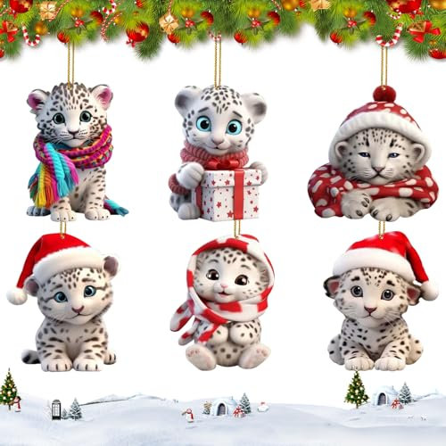 CutitiUU Animal Christmas Ornaments, Snow Leopard Tree Hanging Ornament, Christmas Acrylic Pendant for Dogs and Cats, 2D Acrylic Car Pendant (Snow Leopard-6)