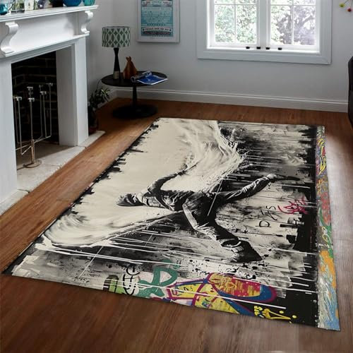 BYLEEHOMED Bunte Graffiti Kunst Bereich Teppiche 150x240cm Cool Graffiti Junge Teppiche Street Art Stil Low Flor Rechteckiger Teppich für Klassenzimmer Home Office