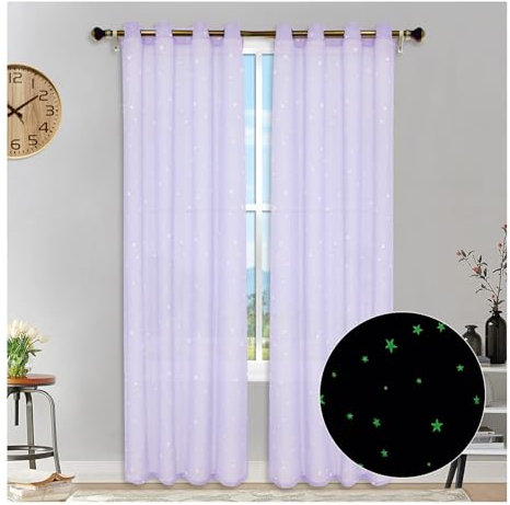 HonunGron 2 Stück Sterne Vorhang Verdunklungsvorhänge, Im Dunkeln leuchtende Sternvorhänge, Halbtransparent Sterne Vorhänge mit Ösen für Kinderzimmer Wohnzimmer Schlafzimmer (Lila,160 X 132cm H x B)