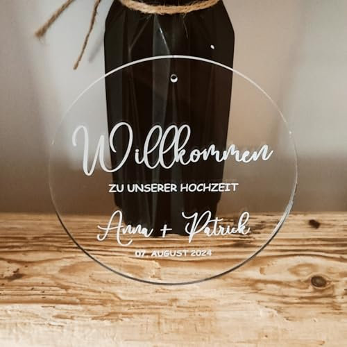 Willkommen zu unserer Hochzeit | Schild aus Acryl | personalisiertes Türschild | Acrylglasscheibe | Türkranz | Rund | Geschenkidee