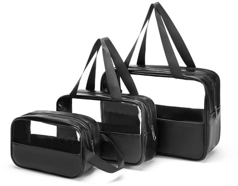 AMXNX Bolsa de aseo transparente, neceser de viaje para mujer, de PVC, portátil, bolsa de viaje impermeable para mujer y hombre, para baño, piscina, viaje, Negro