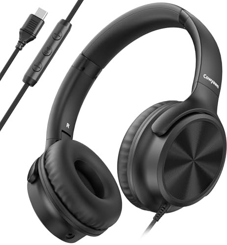 Cowyawn USB-C-Kopfhörer kabelgebunden, Over-Ear-Kopfhörer mit Mikrofon, Lautstärkeregler, HD-Stereo-Sound, faltbare,leichte Kopfhörer für Erwachsene/Teenager/Chromebooks/Laptop/Computer/Reisen,Schwarz