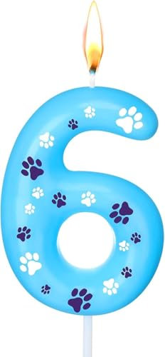 Ovaletta Blaue Geburtstagskerzen Zahlen 6 mit Pfotenabdruck, Kerzen Geburtstag, Blaue Geburtstagskerze, Geburtstagskerzen für Torte, Kerze 6, Kuchenaufsatz für Jungen, Mädchen, Hunde Partyzubehör