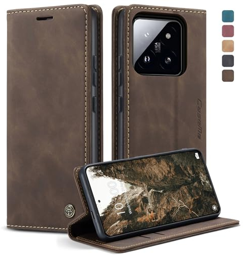 owlhold hülle Xiaomi 14 Pro klapphülle Premium Lederhülle Weiches Vintage-Nubukleder Faltbare Ständer Schutzhülle Kartenfach Standfunktion stoßfest Handyhülle Xiaomi 14 Pro -Kaffee