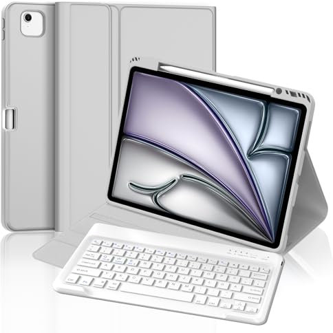 FOGARI Tastatur Hülle für iPad Air 13 (M3/M2) 2025/2024, Deutsches QWERTZ, Magnetische Bluetooth Abnehmbar Tastatur für iPad Air 13 (M2) 2024/Air 13 (M3) 2025, Hellgrau