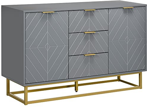 HOMCOM Aparador Moderno Aparador para Salón con 3 Cajones 2 Puertas y Estante Ajustable Mueble Auxiliar para Salón Cocina Antivuelco 120x40x76 cm Gris