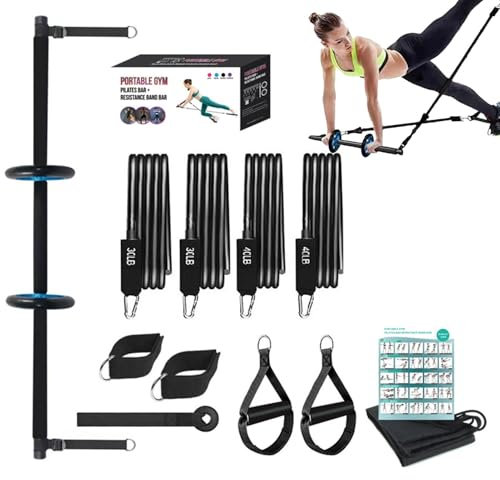 Pilates Bar Set, Pilates Bar Set, Home Training Bar with Resistance Bands, Multifunctional Pilates Home Gym Fitness Device with Ab Roller for Full Body Training