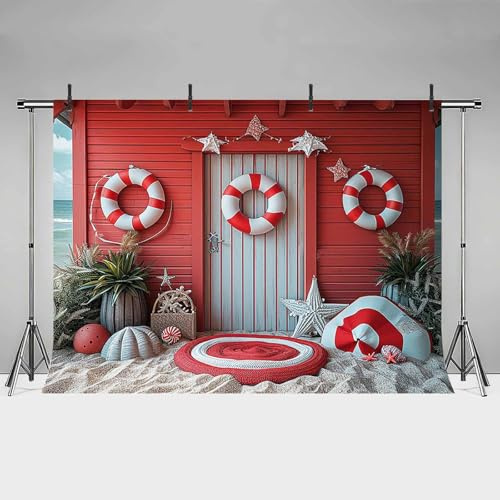 MEHOFOND 2,1 x 1,5 m Sommer Strand Aloha Fotografie Hintergrund Rote Hütte Schwimmkreis Tropische Grünpflanze Meer Hintergrund Kinder Geburtstag Party Kuchen Smash Portrait Dekoration Banner