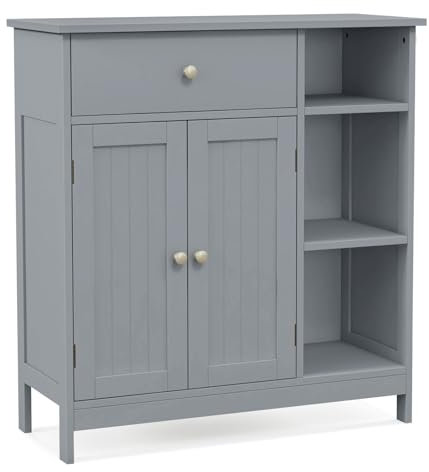 COSTWAY Bathroom Floor Cabinet, Freestanding Storage Cupboard with Drawer, Double Doors and Adjustable Shelves, Wooden Side Cabinet Organizer Unit for Bathroom Living Room Hallway (Grey)