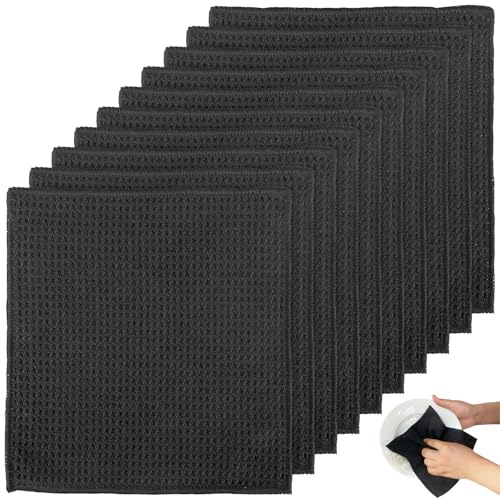 NINGYER 10 Stück Mikrofasertücher, 20x20cm Mikrofasertuch Schwarz, Saugfähige Fusselfrei Barista Tuch, Microfiber Cloth für Küche/Fensterglas/Badezimmer/Auto/Café