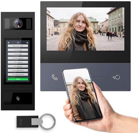GVS - SMART7 Video Türsprechanlage 2 Draht (1-64 WE) mit Türöffner, 7 Touchscreen, HD-Kamera, 7 Zoll Monitor & App - Smarte Video Türklingel mit Kamera & Gegensprechanlage (AVS7204)