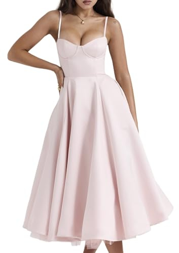 CZMYCBG Robe de Cocktail Vintage Style Corset pour Femme, Robe Bustier Mi-Longue Élégante et Sexy À Bretelles Spaghetti(Pink,M)