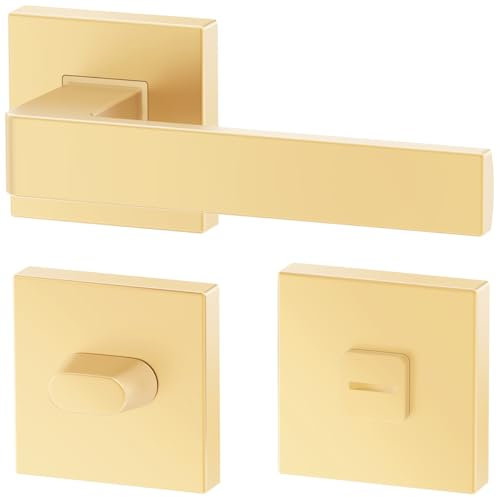 ERGO Gold Türbeschlag Türgriff für Badtüren WC, Messingfarben Matt, Gold Matt, Eckig Drückergarnitur, Türbeschlag, Türklinke Schwarz, Türdrücker