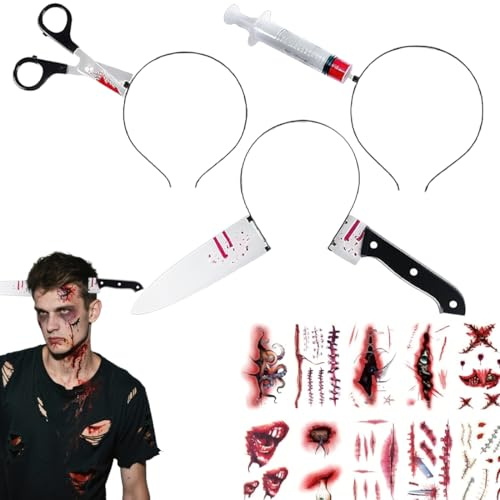 Halloween Haarreif Horror als Messer durch den Kopf, Schere im Kopf und Spritze im Kopf - [3 Stück] inkl. 10x Narben Tattoo Halloween – Dein Gruseliger Horror Haarreif für Karneval Kostüme & Partys