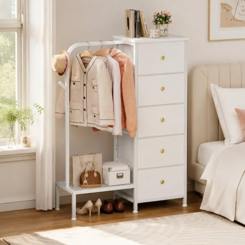 Trironsun Small 5 Fabric Drawer Dresser with Clothes Rack Chest of Drawers with Hanging Rail Reversible Wardrobe with Clothes Rack, Multifunctional Bedroom
