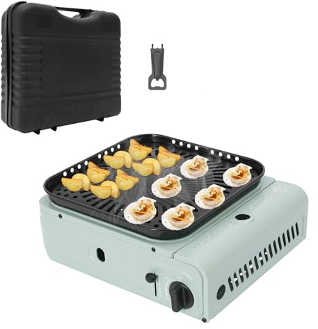 LKHDONG Campingkocher Gas Outdoor Gasgrill Camping Gasherd Gaskocher Set, Tragbarer Tischgrill Camping Herd mit Grillplatte und Tragekoffer (Grün)