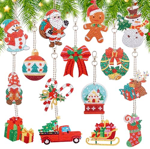 Zocipro 15Pcs Christmas Diamond Art Keyrings, 5D DIY Christmas Diamond Painting Key Rings Kit, Xmas Santa Claus Snowman Hanging Ornaments Pendant for DIY Key Ring Phone Charm Decor
