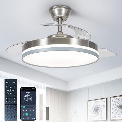 Depuley Ventilateur de plafond rétractable 42 pouces: Ventilateurs de plafond intelligents avec éclairage et télécommande - Ventilateur à intensité variable nickel et gris pour chambre à coucher