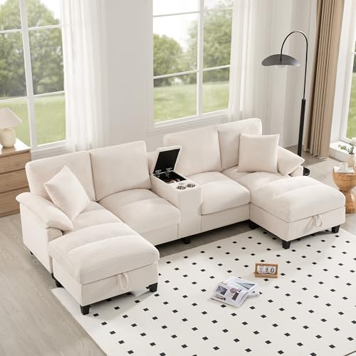 Merax Sofa 4 Sitzer Couch U-förmiges Ecksofa mit Stauraum, übergroßem Cordstoff und Kissen, Getränkehaltern aus Edelstahl und Zwei USB-Anschlüssen, Big Sofa für Wohnzimmer/Schlafzimmer, Beige