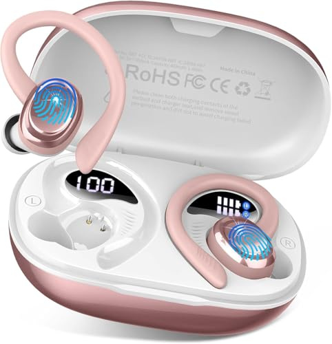 Cuffie Bluetooth Sport, Auricolari Bluetooth 5.4 con 4 ENC Mic, 50 Ore HiFi Stereo Cuffie Wireless, IP7 Impermeabili Cuffie Senza Fili, Display LED USB-C Cuffiette Running per iOS/Android, Oro Rosa