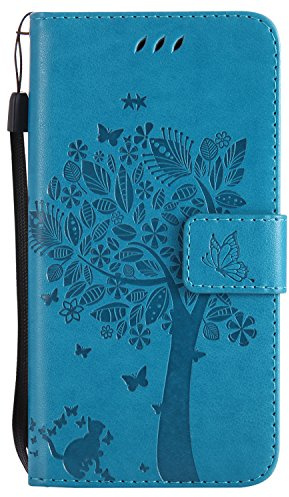 Coque Galaxy J3 2017/J330 [Avec Protecteur d'écran en Verre Trempé],Fatcatparadise(Série de chat et d'arbre) Rétro emboss Premium Flip Housse Coque Etui PU Cuir pour Samsung Galaxy J3 2017/J330(Bleu)
