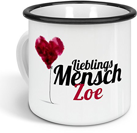 printplanet - Emaille-Tasse mit Namen Zoe - Metallbecher mit Design Lieblingsmensch - Nostalgie-Becher, Camping-Tasse, Blechtasse, Farbe Schwarz, 300ml