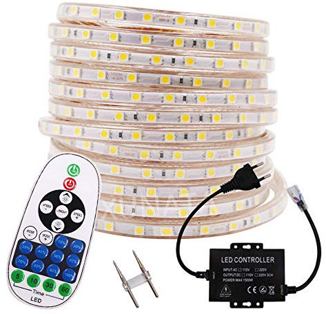 XUNATA 8M 220V 230V Dimmbar 5050 SMD 60leds / m IP67 Wasserdicht Grün Flexibles LED Lichtschlauch mit 23 Key Fernbedienung für Küche Stairway Home Weihnachten Party Deko (Grün, 8m)