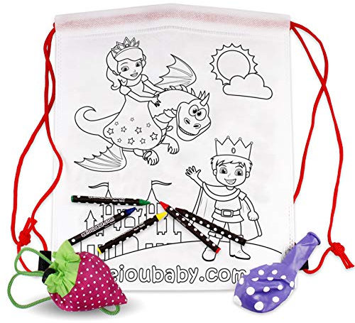 aeioubaby.com 25 Zainetti da Colorare + Borsa Riutilizzabile | 25 Bustine singole con 5 Colori a Cera e un Palloncino | Regalo per bambini per le feste e i compleanni (Favola)